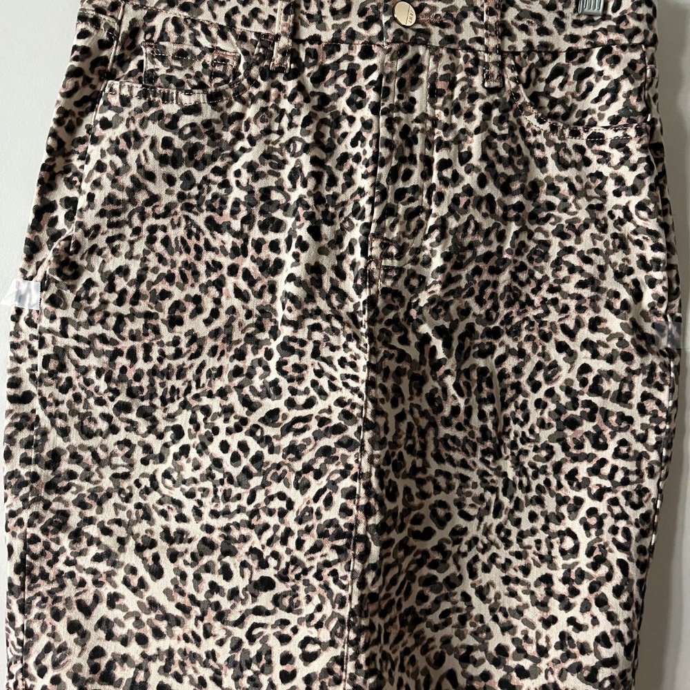 Leopard print stretch denim cotton blend skirt